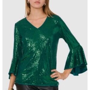 NWT Vince Camuto  Emerald Green Sequin Bell Sleeve Plus Size Top Sz 2X